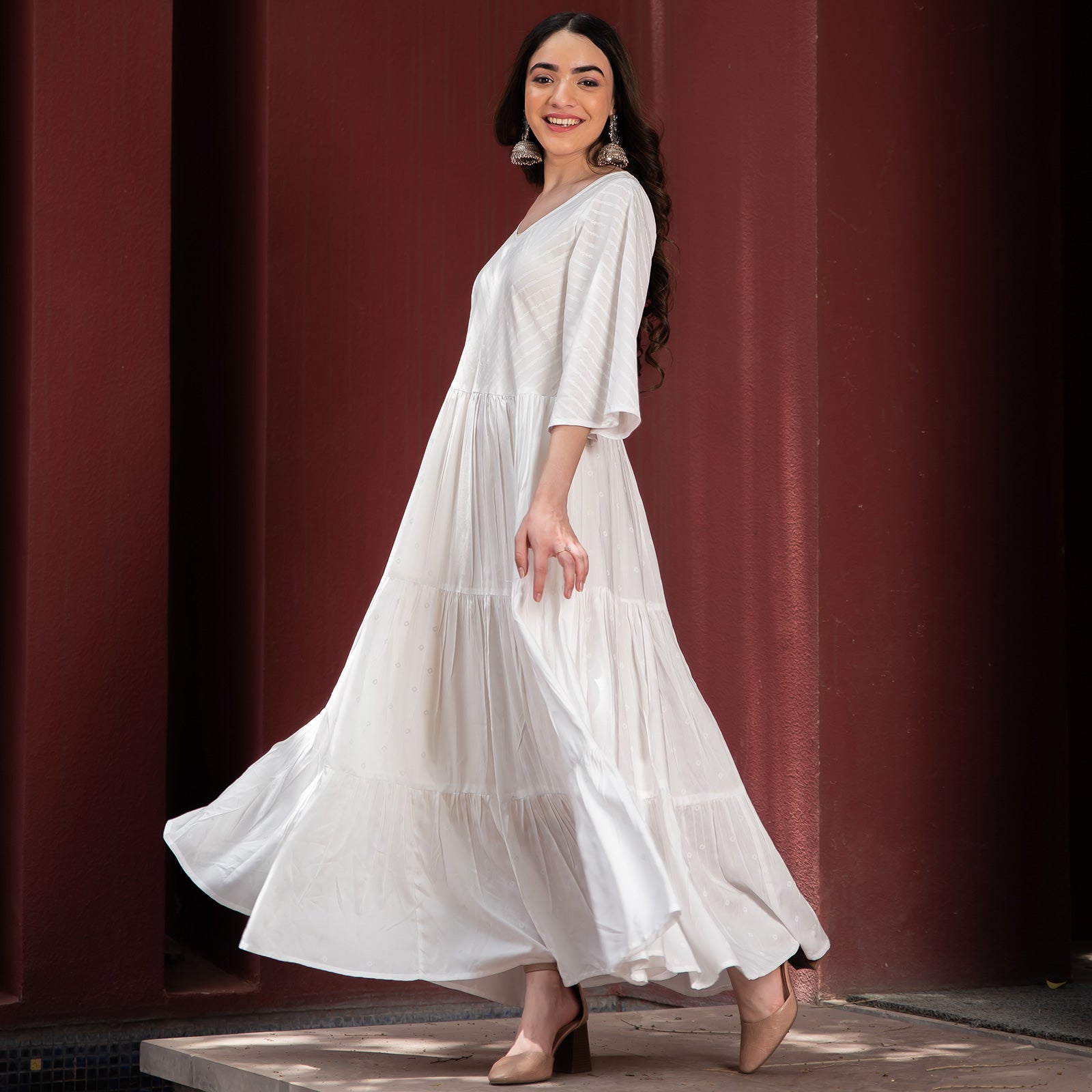 Buy White Bandhani & Stone Printed Tiered Dress with Flared Sleeves