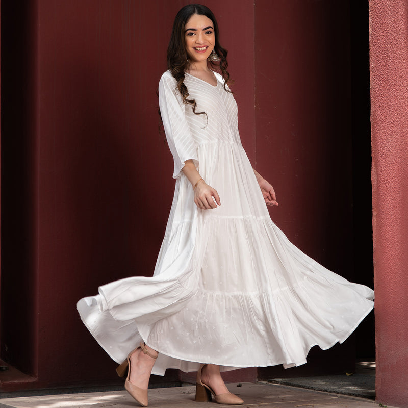 White Bandhani & Stone Printed Tiered Dress with Flared Sleeves