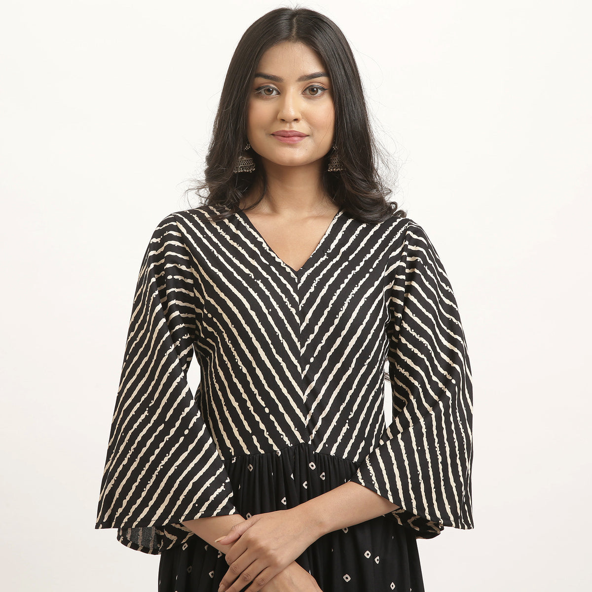 Black Bandhani & Stone Printed Tiered Dress with Flared Sleeves
