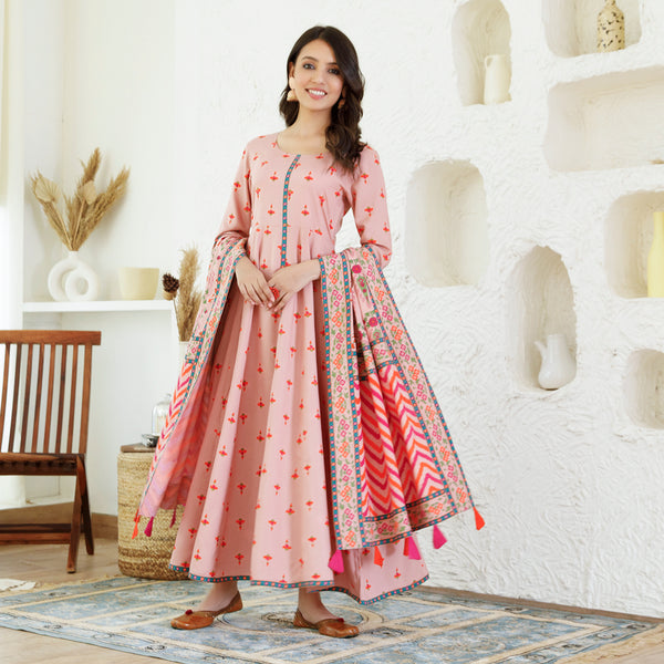 Baby Pink Floral Long Kurta Dress with Dupatta