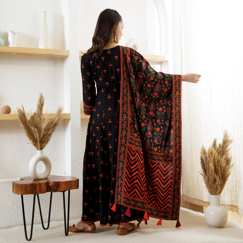Black Floral Long Kurta Dress with Dupatta