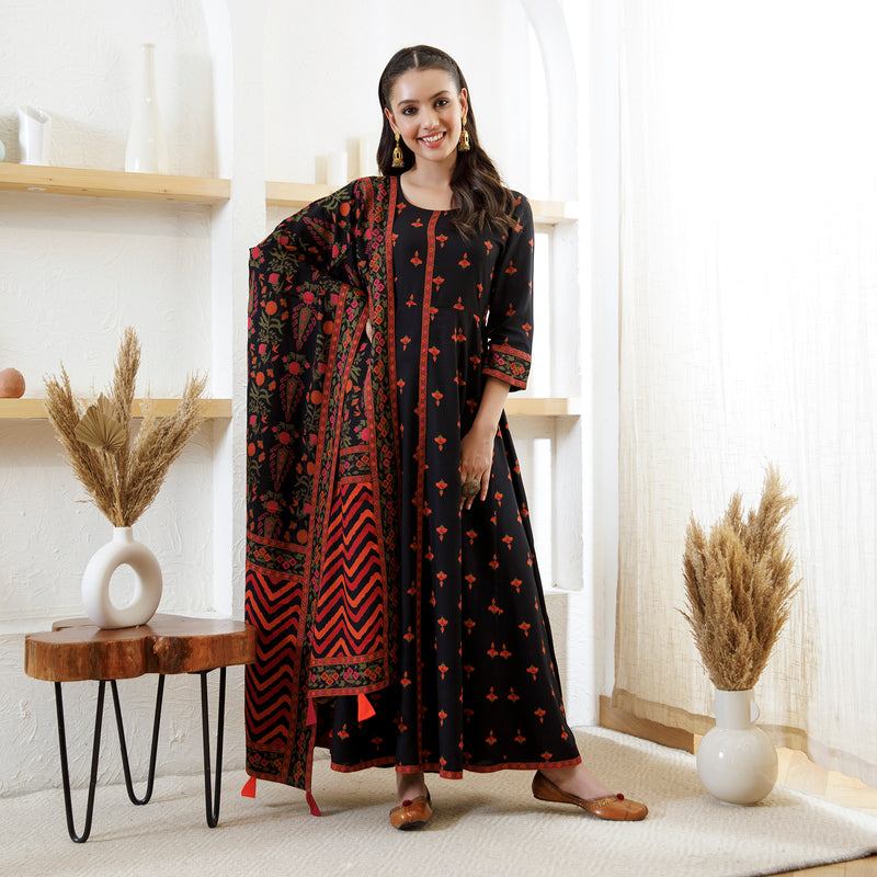 Black Floral Long Kurta Dress with Dupatta