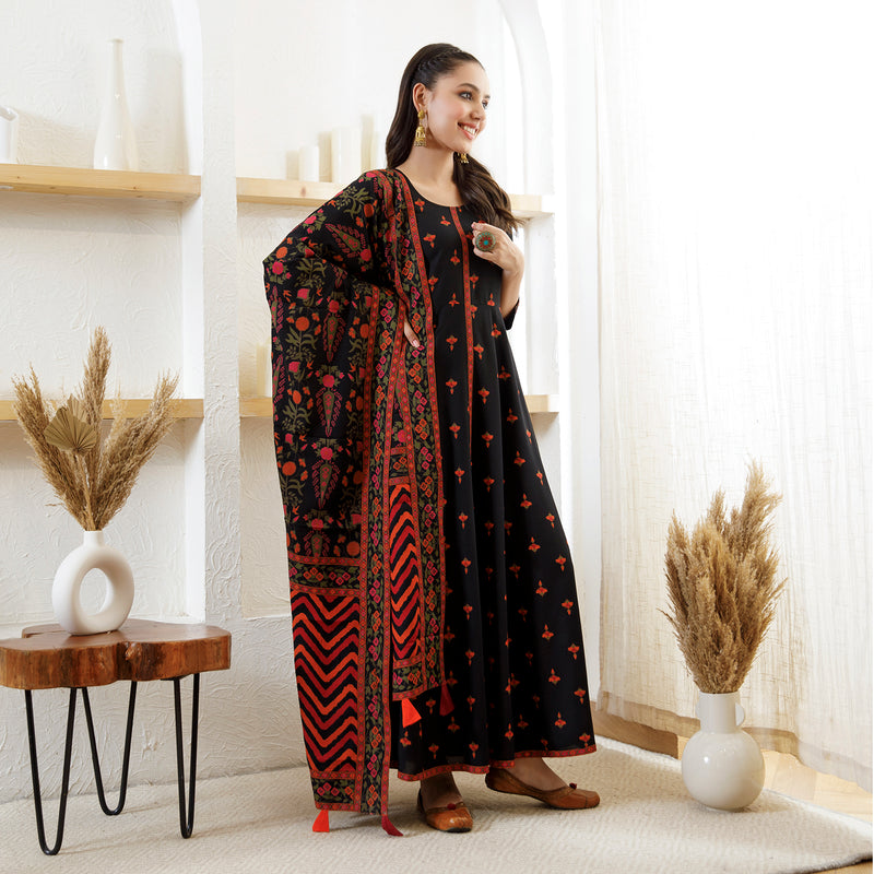 Black Floral Long Kurta Dress with Dupatta