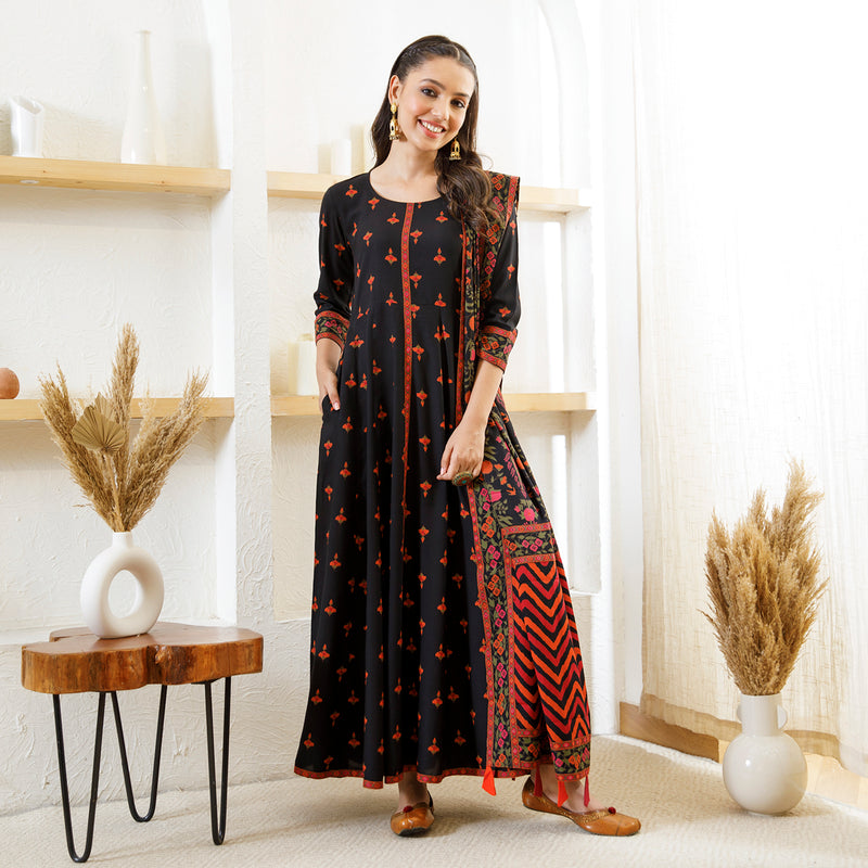 Black Floral Long Kurta Dress with Dupatta