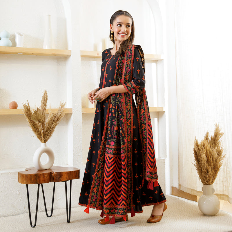 Black Floral Long Kurta Dress with Dupatta