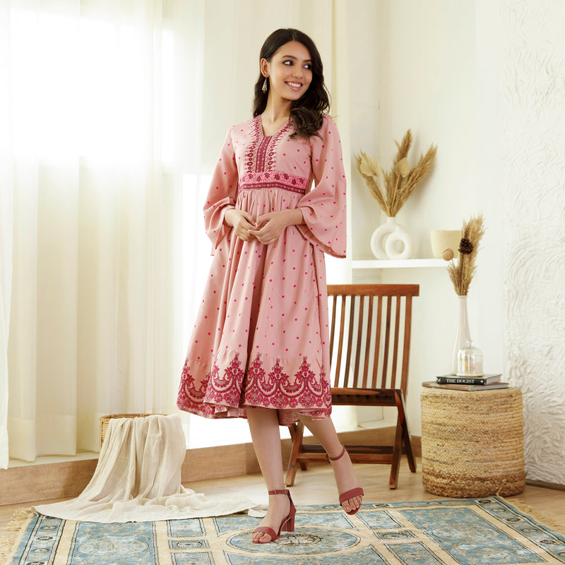 Baby Pink Polka Dot Flared Dress