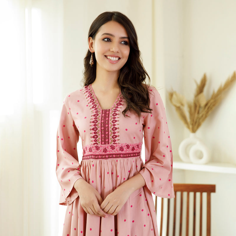 Baby Pink Polka Dot Flared Dress