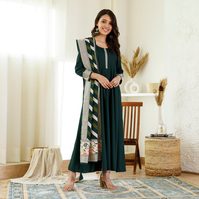 Emerald Green Long Kurta Dress with Leheriya Dupatta