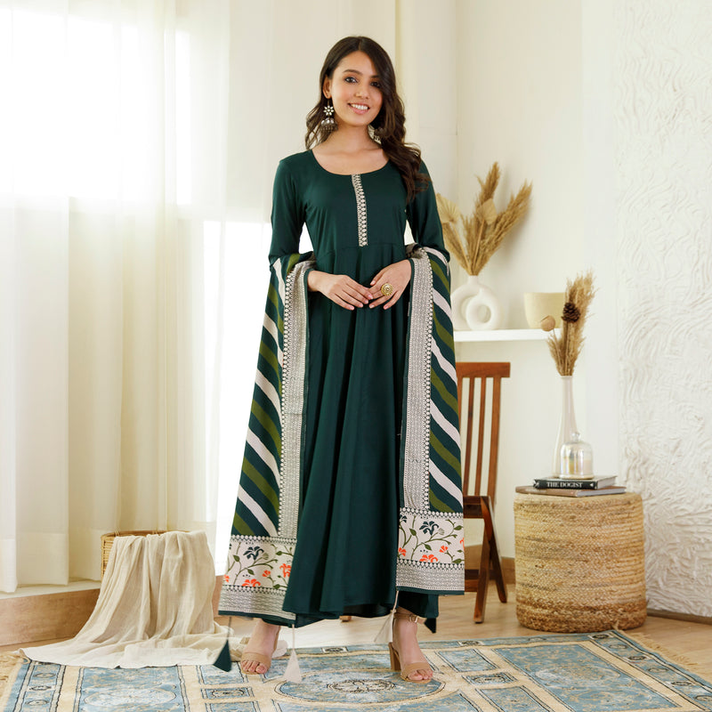Emerald Green Long Kurta Dress with Leheriya Dupatta