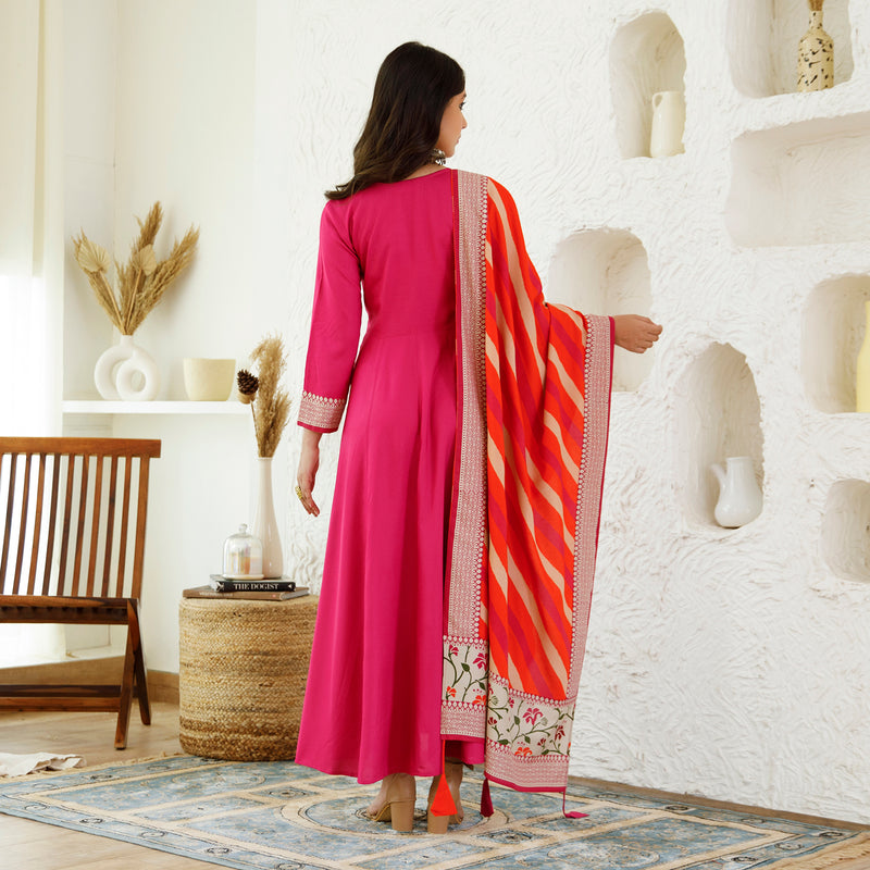 Pink Long Kurta Dress with Leheriya Dupatta