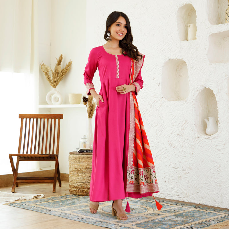 Pink Long Kurta Dress with Leheriya Dupatta