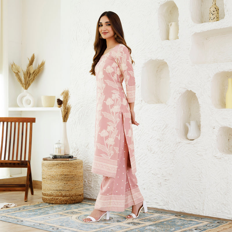 Baby Pink Floral Jaal Kurta Pants Set