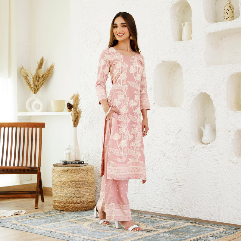 Baby Pink Floral Jaal Kurta Pants Set