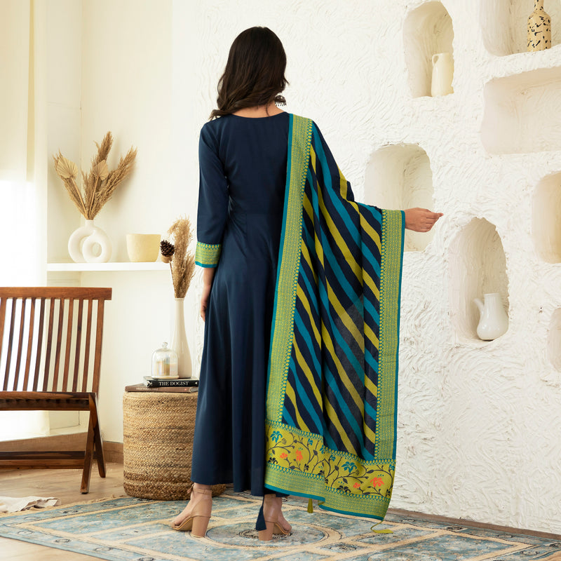 Indigo Long Kurta Dress with Leheriya Dupatta