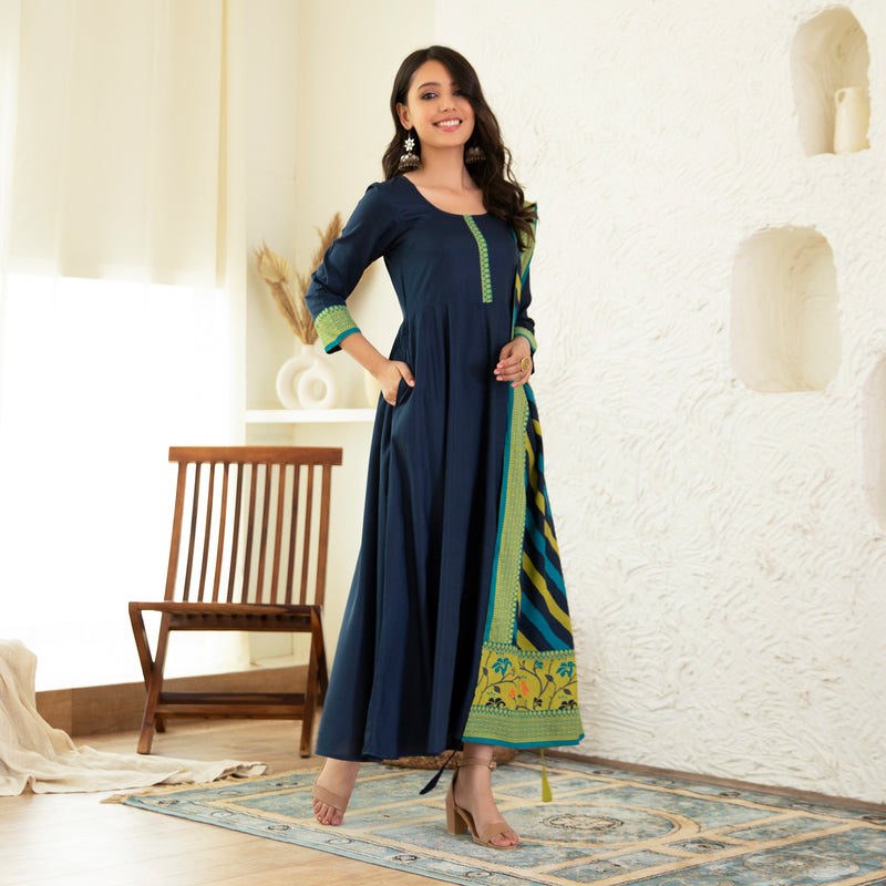 Indigo Long Kurta Dress with Leheriya Dupatta