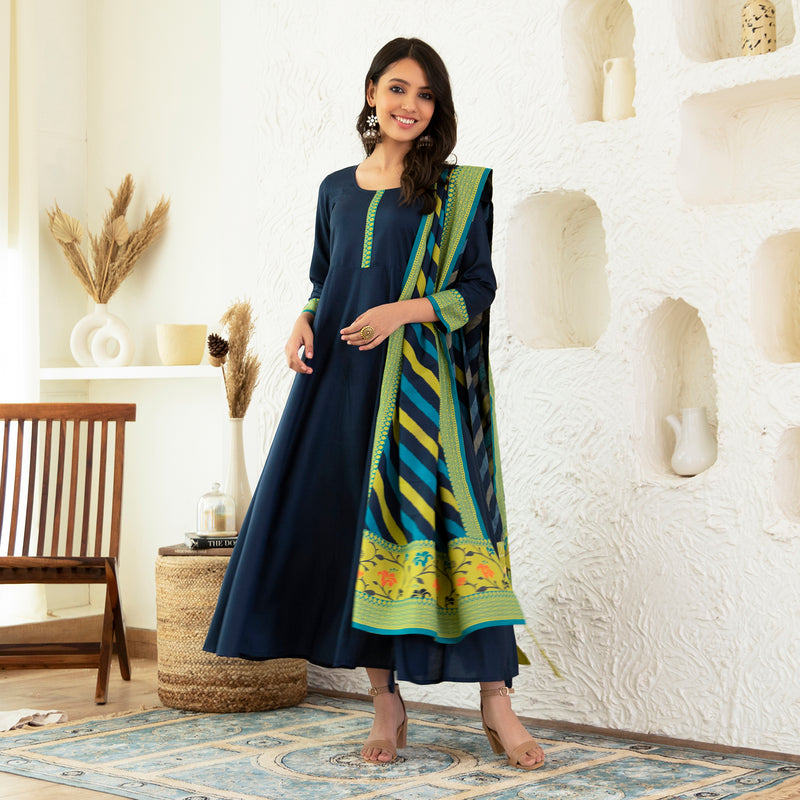 Indigo Long Kurta Dress with Leheriya Dupatta