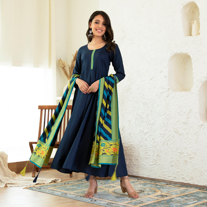 Indigo Long Kurta Dress with Leheriya Dupatta