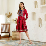 Maroon Abstract Print Tiered Dress with Tie up Detail