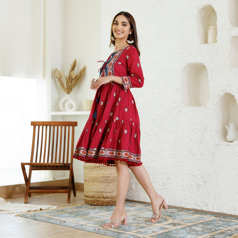 Maroon Abstract Print Tiered Dress with Tie up Detail