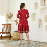 Maroon Abstract Print Tiered Dress with Tie up Detail