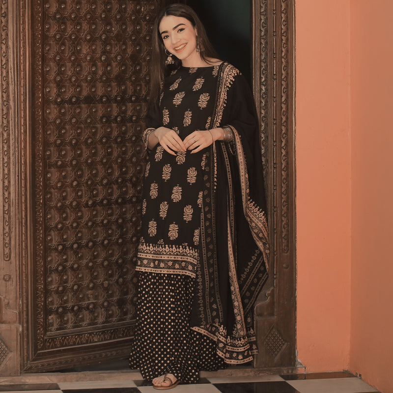 Black Festive Gold Gharara Kurta Dupatta Set