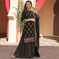 Black Festive Gold Gharara Kurta Dupatta Set