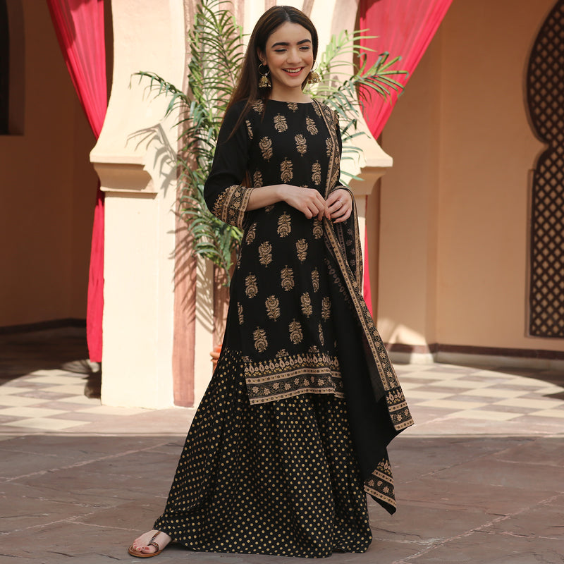 Black Festive Gold Gharara Kurta Dupatta Set