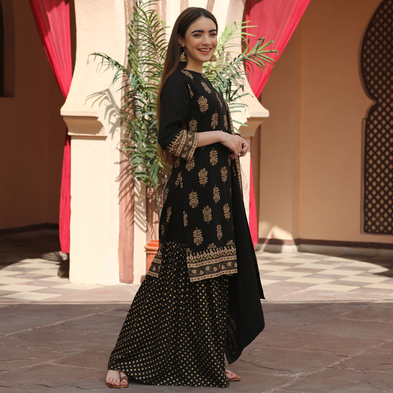 Black Festive Gold Gharara Kurta Dupatta Set