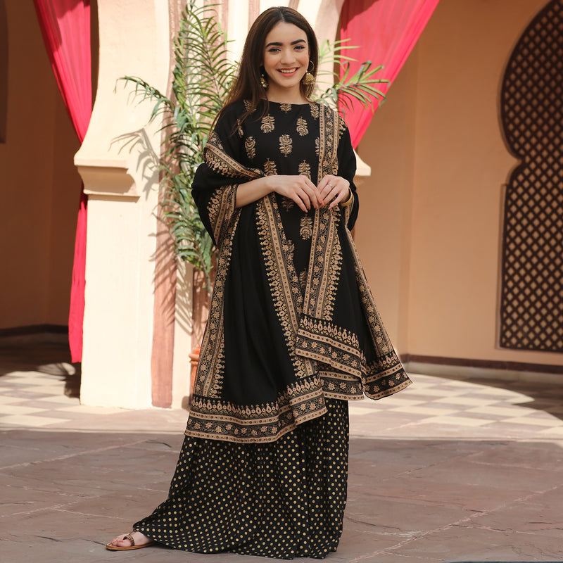 Black Festive Gold Gharara Kurta Dupatta Set