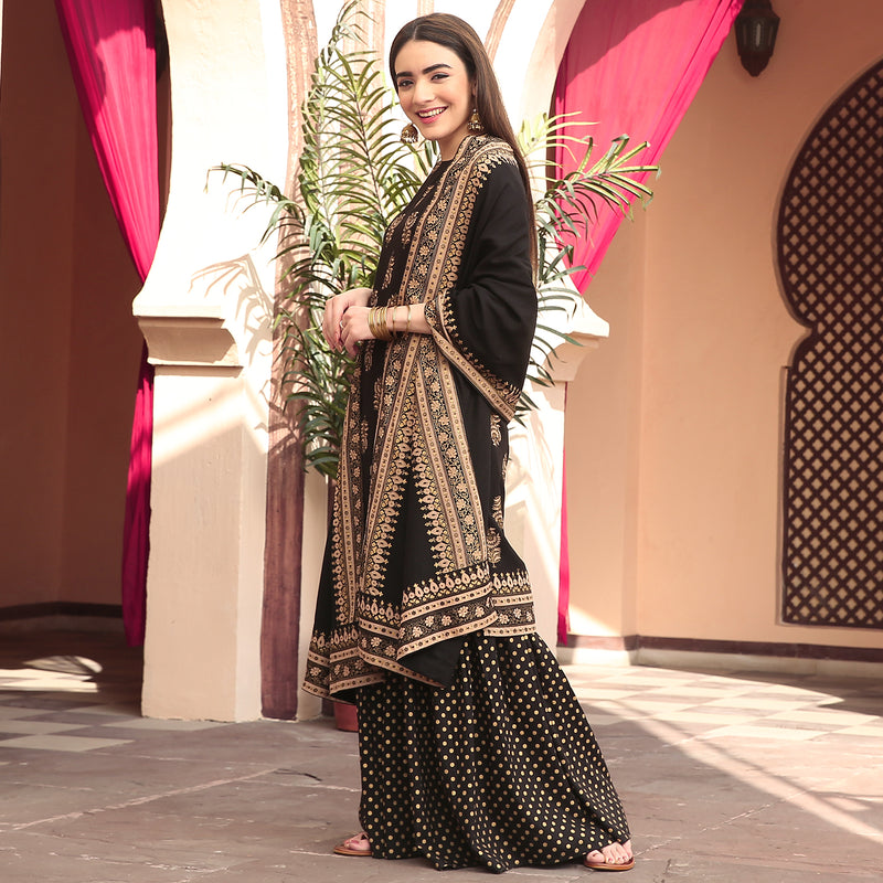 Black Festive Gold Gharara Kurta Dupatta Set