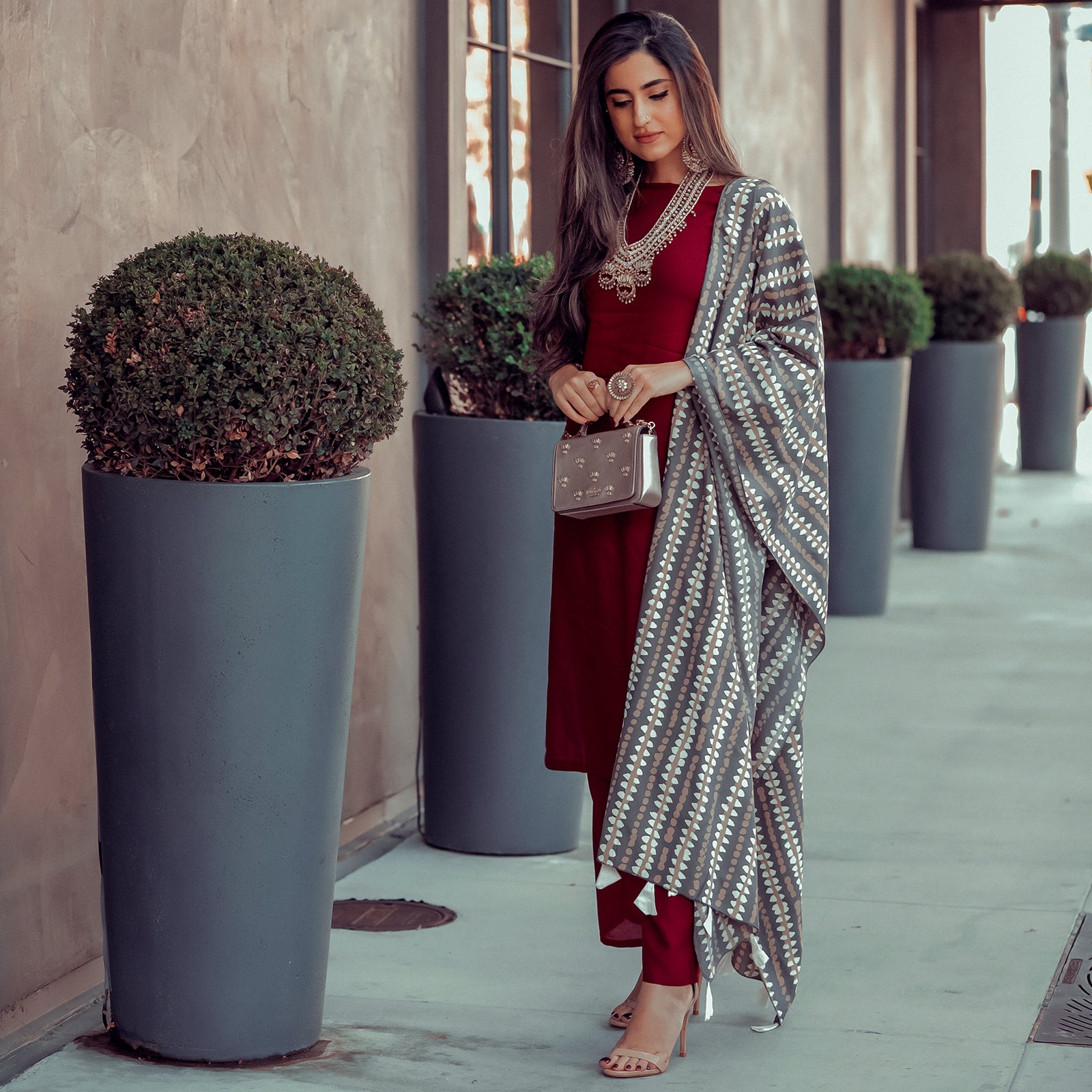 Buy Maroon Salwar Kurta Set with Grey Dupatta