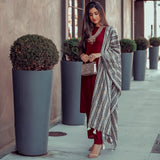 Maroon Salwar Kurta Set with Grey Dupatta