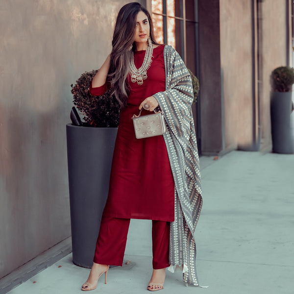 Maroon Salwar Kurta Set with Grey Dupatta