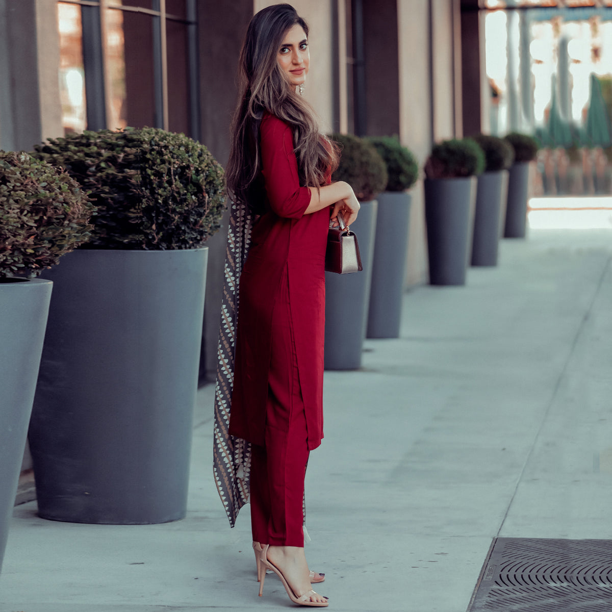Maroon Salwar Kurta Set with Grey Dupatta