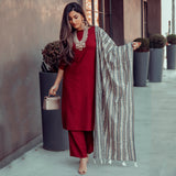 Maroon Salwar Kurta Set with Grey Dupatta