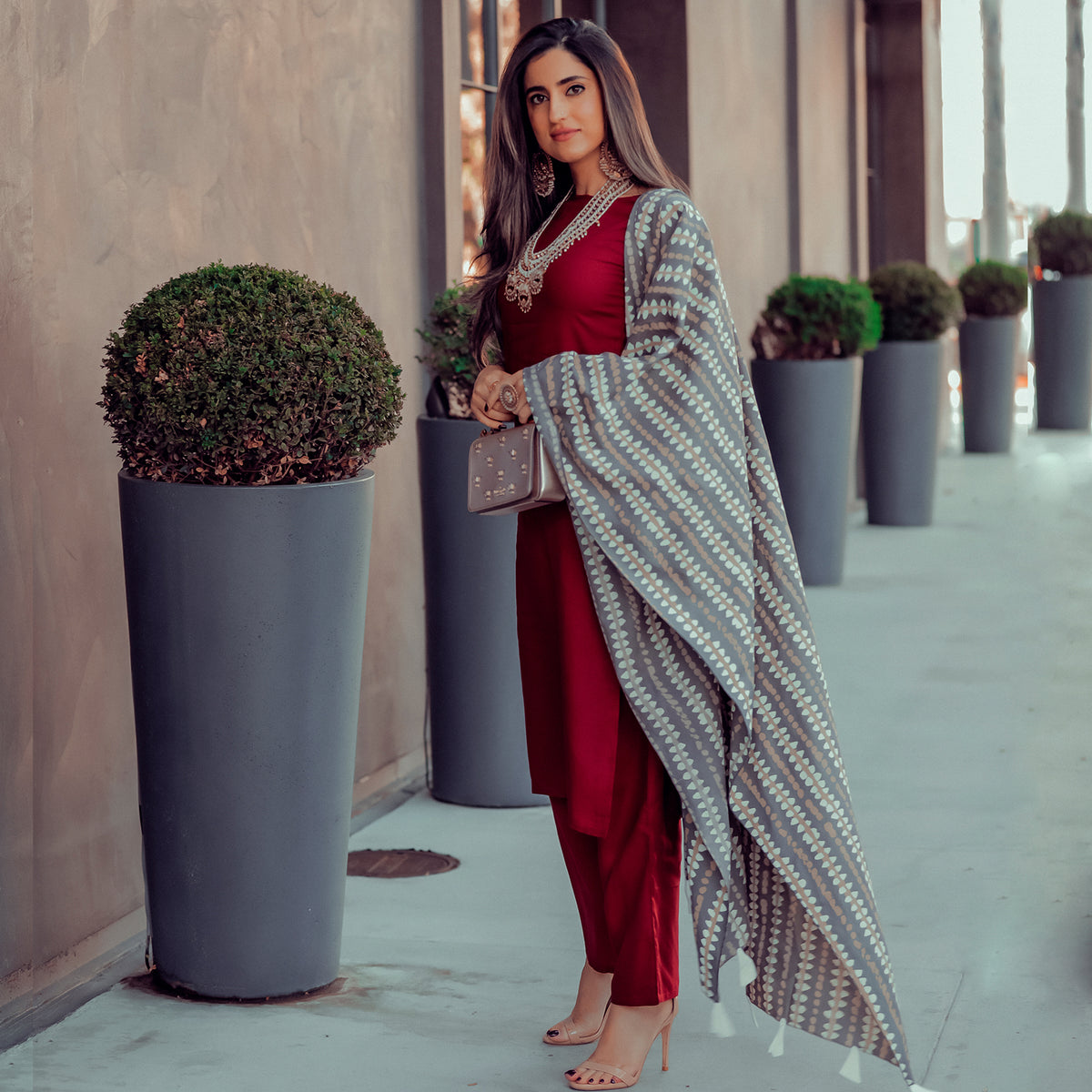 Maroon Salwar Kurta Set with Grey Dupatta