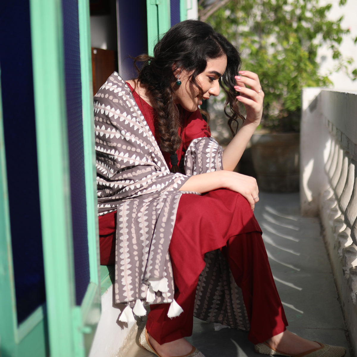 Maroon Salwar Kurta Set with Grey Dupatta