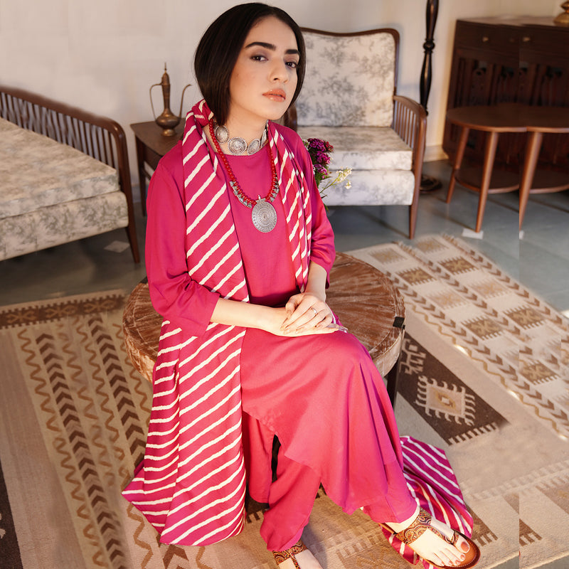 Magenta Kurta Set with Straight Pants & Dupatta