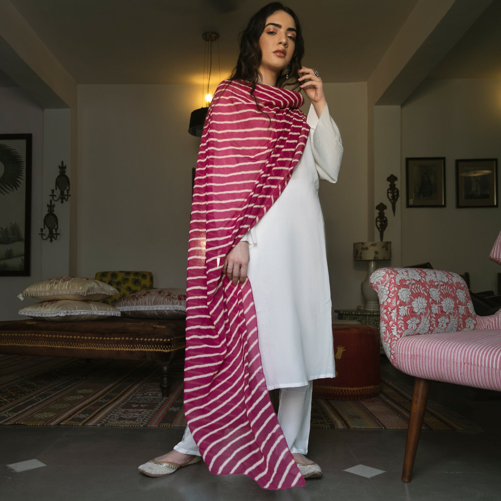 Twining in Leheriya: Pink and White Suit Set With Dupatta for Mom and