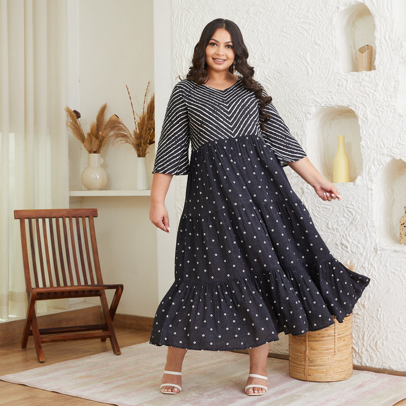 Black Bandhani & Stone Printed Tiered Dress with Flared Sleeves