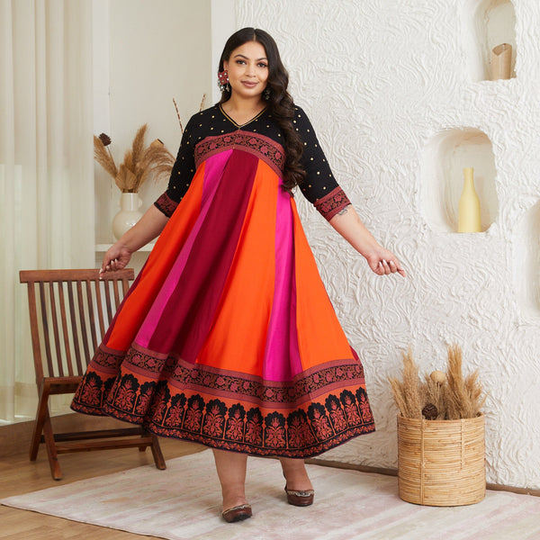 Black Multicolour Long Kalidaar Dress with Border Details - SOM