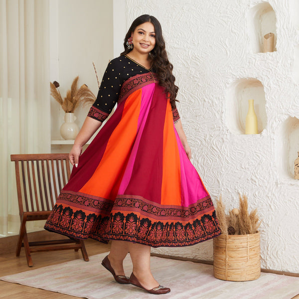 Black Multicolour Long Kalidaar Dress with Border Details - SOM
