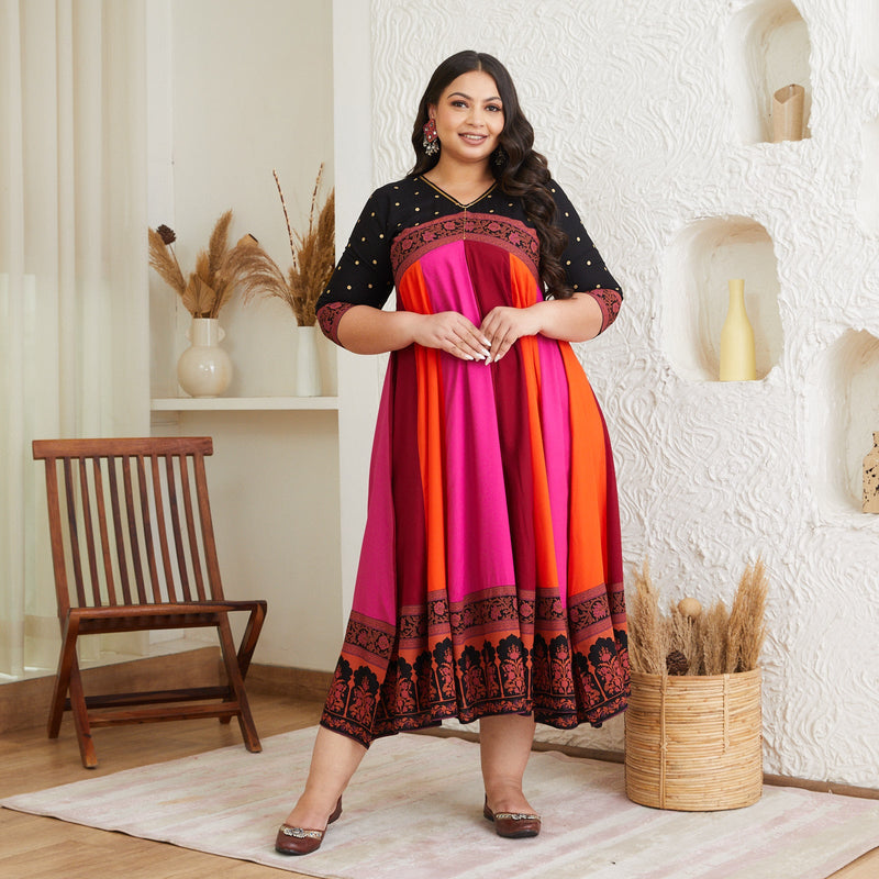 Black Multicolour Long Kalidaar Dress with Border Details - SOM