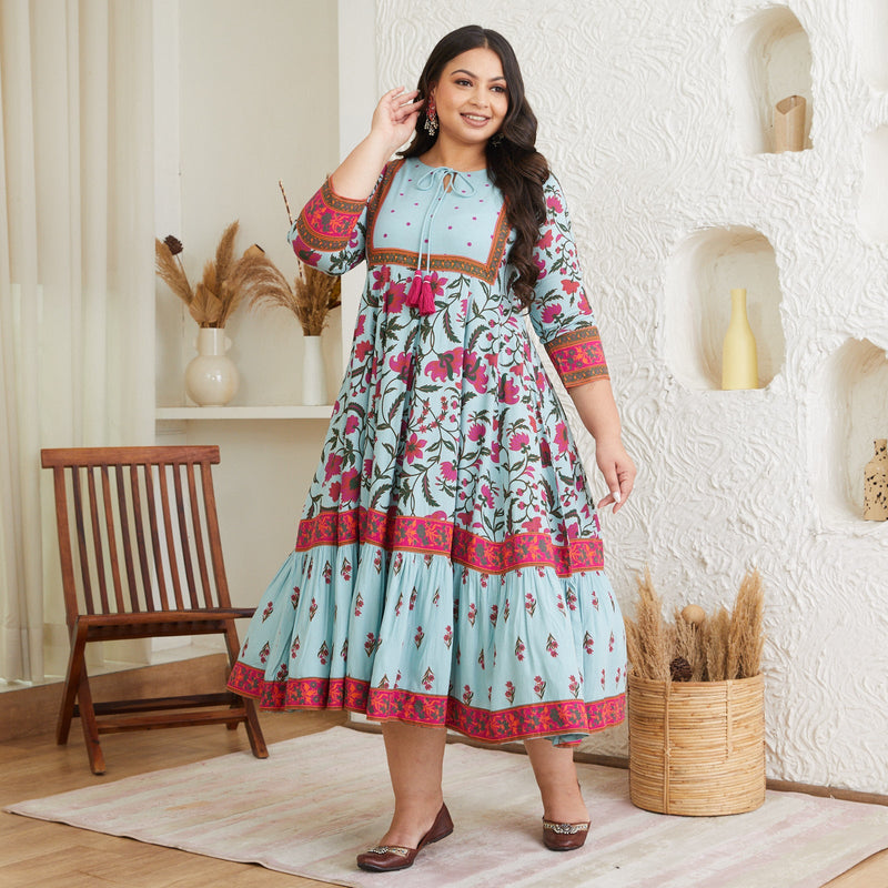 Sky Blue Floral Dress With Hem Details