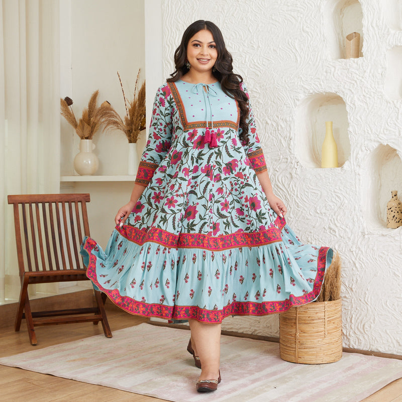 Sky Blue Floral Dress With Hem Details