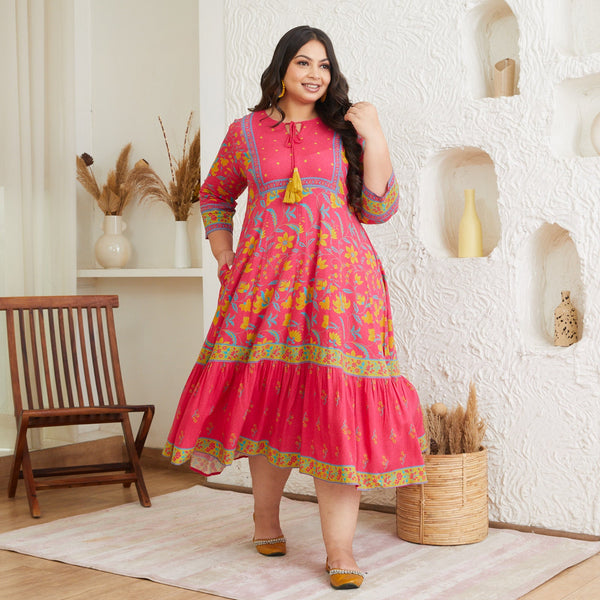 Hot Pink & Ochre Floral Dress with Hem Details