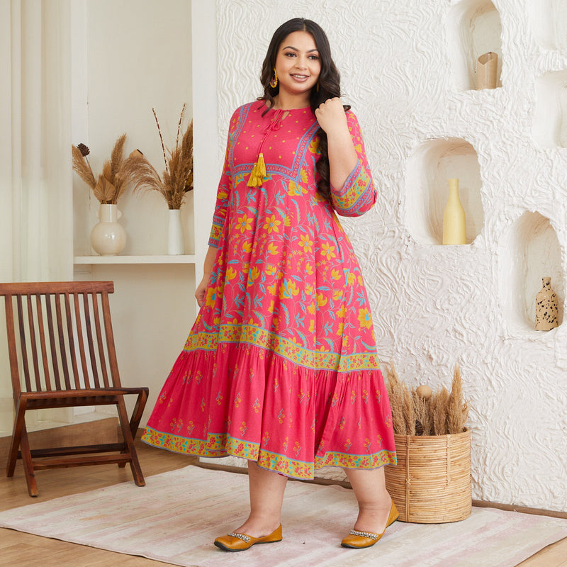 Hot Pink & Ochre Floral Dress with Hem Details - SOM