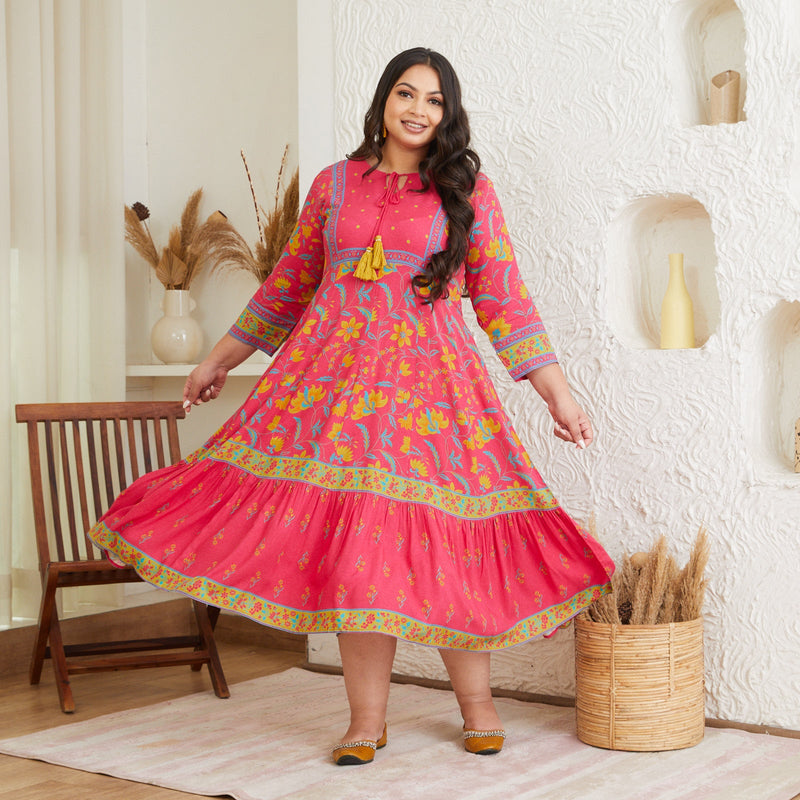 Hot Pink & Ochre Floral Dress with Hem Details