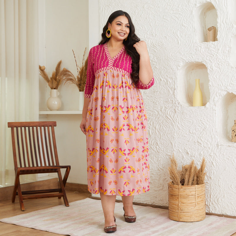 Baby Pink & Hot Pink V Neck Lotus Dress