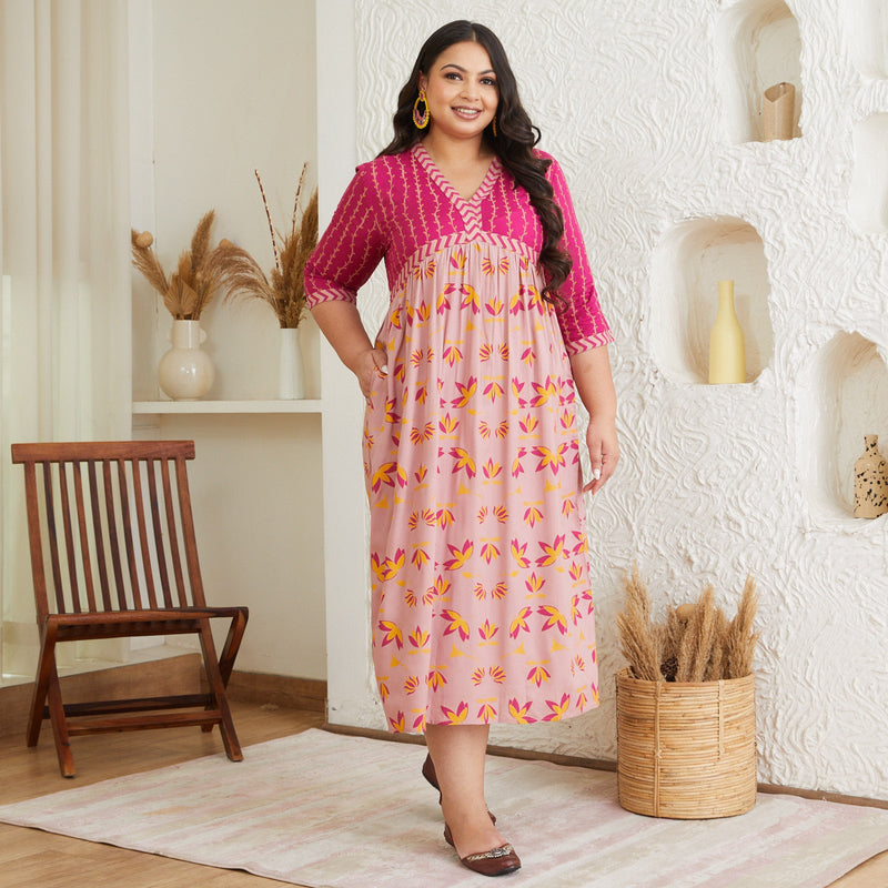 Baby Pink & Hot Pink V Neck Lotus Dress